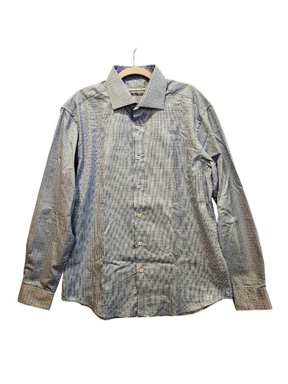 BUGATCHI dress shirt Mens L Blue silver geometric shaped fit flip cuff career